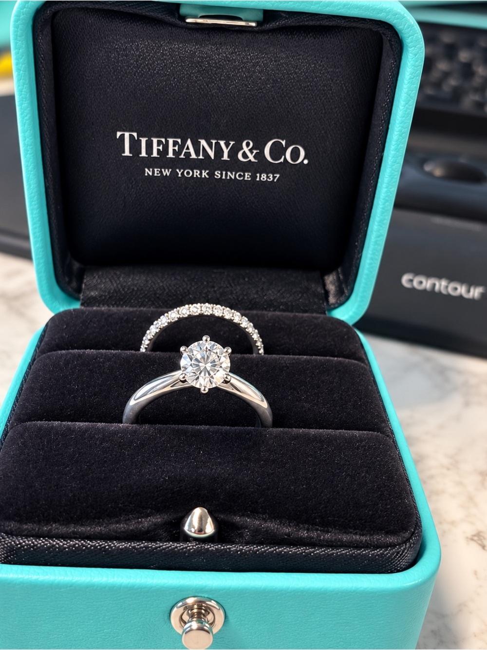 Tiffany & Co. Platinum Diamond Solitaire Ring with Diamond Band - Blue Box
